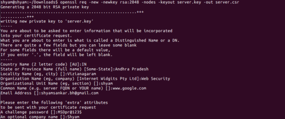 shyam@shyam:~/Downloads$ openssl req -new -newkey rsa:2048 -nodes -keyout server.key -out server.csr Generating a 2048 bit RS