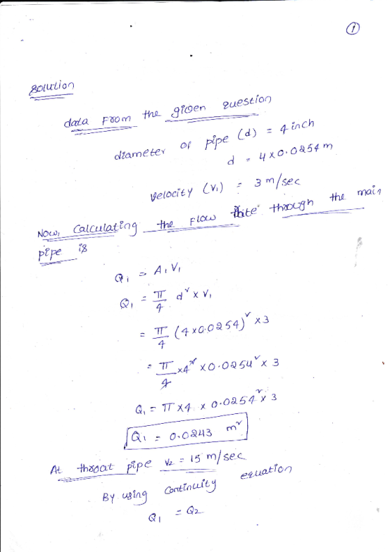 solutio data Fom tha en ueseion diame tev of pipe (d) :4ễnch (y.) 3 m/sec Velocity te thagh the main Pepe T (460854) x3 さ