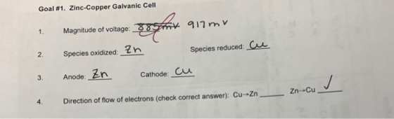 Goal #1. Zinc-Copper Galvanic Cell 1. Magnitude of voltage: 2. Species oxidized: 2n 3. Anode: Zn 4. Direction of flow of elec