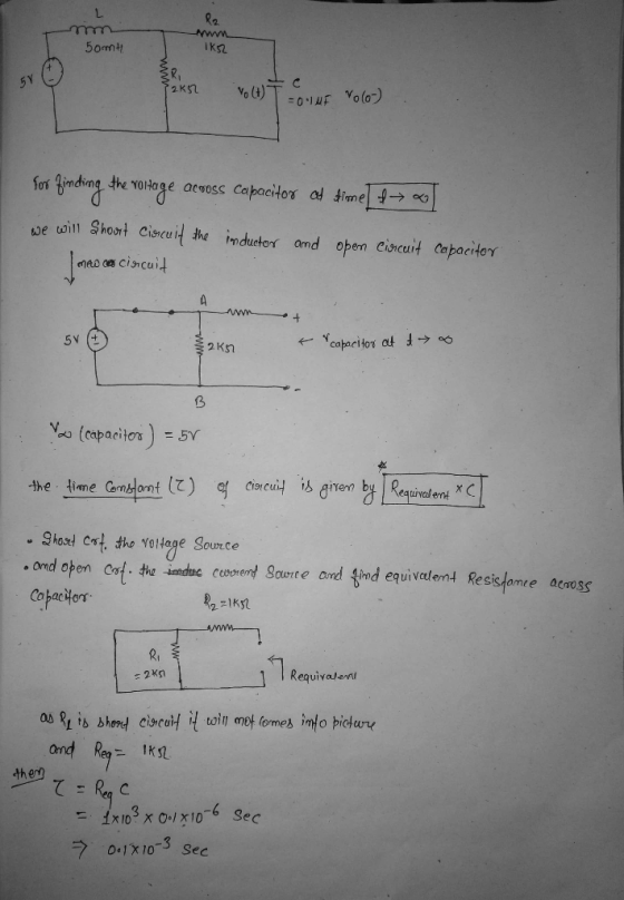 R2 50mm+ ks o (o) fonfrnding the YORege across capacitor al time14 tJet ว่า11 Shont ciscuit the inductor and open cocuit ce a
