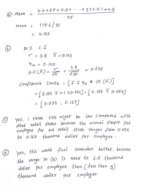 a Men - 35 ea η - 11 8.6 35 二 5, 103 $0.1. c1 = 3.8 x =5.103 3.8 Confidence limite - [Ftx * SE 5.039, s.167 @ yes, i think th