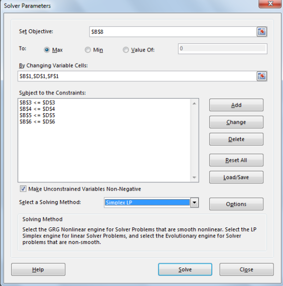 Solver Parameters Set Objective SBS8 Value Of o Max Min By Changing aiable Cells: SBS1,SDS1,SFS1 Subject to the Constraints: