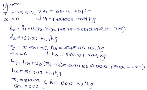 yiven T,75 KPa 2 hi= 168. 15 KJ|Kq Ju-0 809100 0= ha-hitui-T)- 168.7510-001008(R15-7:5) ha= 169.02 KIK9 Pa 2 h3= 548.96 KJ|k
