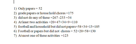 1) Only papers 52 2) grade papers or house hold chores 175 3) did not do any of these-267-233-34 4) At least two activities -