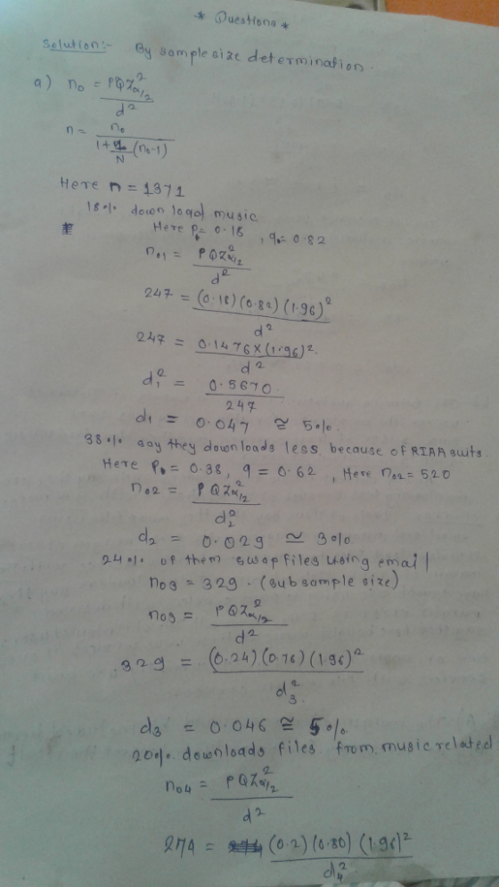 Ouestiona * Selution ySomplecize determinafion Here n = 1371 24F = (0.lt) (o ga) (1-96) d 2 2 d 2 249 di: 0.047 싣 5-1e 38 aa
