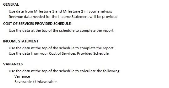 GENERAL Use data from Milestone 1 and Milestone 2 in your analysis Revenue data needed for the Income Statement will be provi