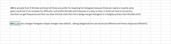 ### b) actually from R Minitab and Excel all three are prefer for Graphing for Histogram because three are nearly or exactly