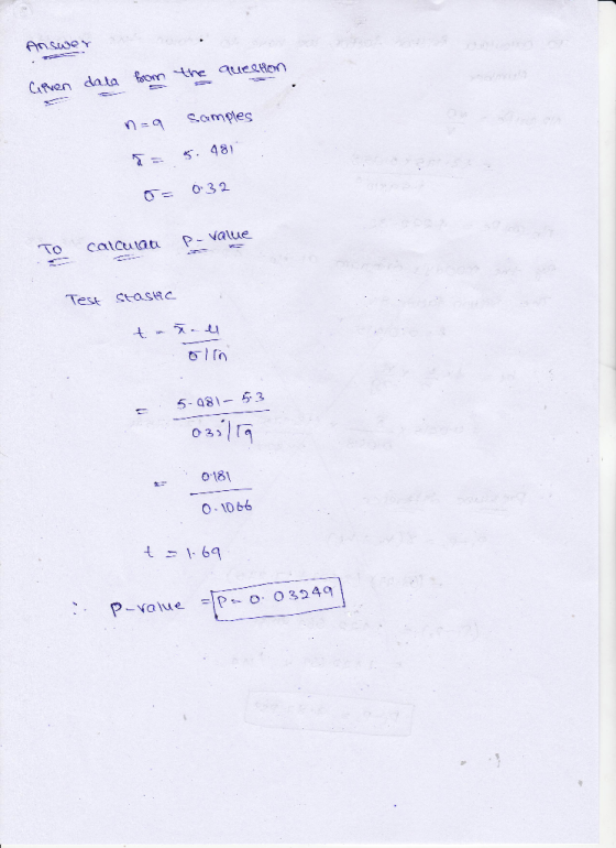 afven data 忌on the queston samples n=9 5, 481 To cacuatu p value Test stasiac 5. 481-6.3 t0181 o 1066 P-value po O3240