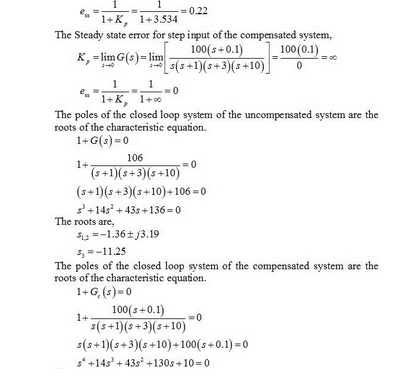 e0.22 1+K, 1+3.534 The Steady state error for step input of the compensated system, 100(s+0.1 100(0.1 Klim G(s) lim The poles