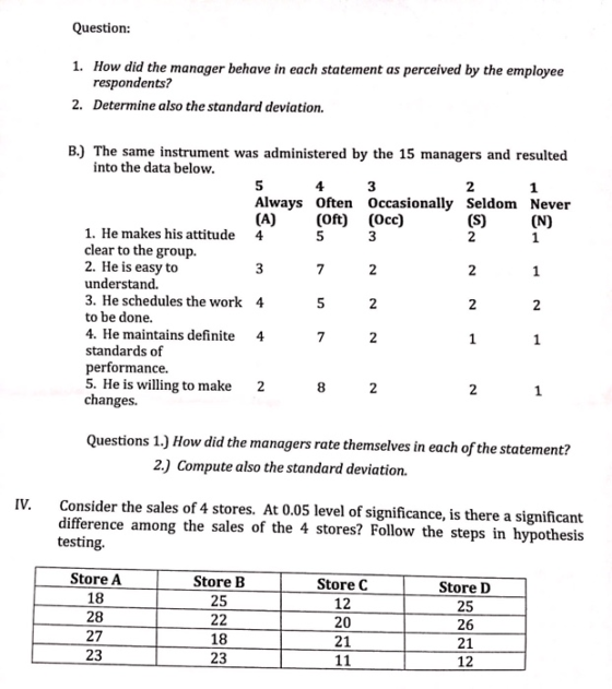 Question: 1. How did the manager behave in each statement as perceived by the employee respondents? Determine also the standa