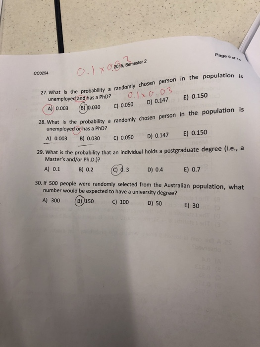 Page 9 ot 14 O. } хо@5,Sehester2 CC0294 27. what is the probability a randoml unemployed andhas a PhD? 0. Ixc-03 0.003 (8)o.0