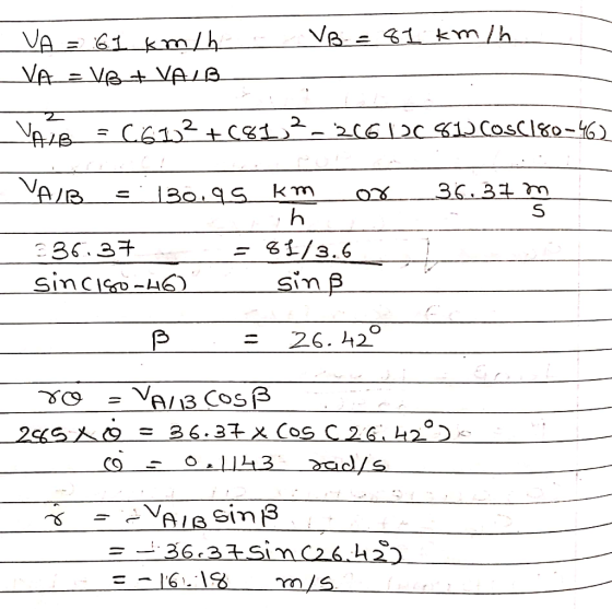 VA- 41 m/h VA = 61 km/h VA- VAVALB. 2 CE2 1- 206 Dc 1Coscleo- 36.31m S km h 1/3.6 336.37 sin B sincis-6 26. 420 VA13 COSB 36.