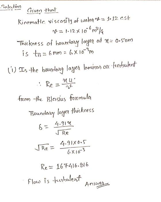 Solelion Giveo thet Ú)Ts the boundar, layer lor. İnanon.htbaht Boundlar, [uyer fhickness 6- 4-91 bxIo Re= 167416.gl 6 Answe