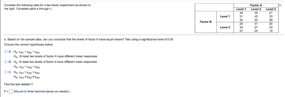 Consider the following data for a two-factor experiment as shown to the right. Complete parts a through c Factor A Level1 Le