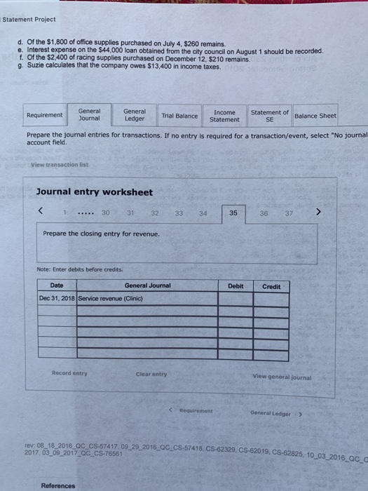 Statement Project d. Of the $1,800 of office supplies purchased on July 4, $260 remains. e. Interest expense on the $44,000 l