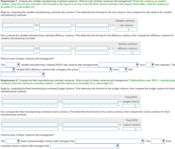 Requirement 1. Compute the variable manufacturing overhead variances. What do each of these variances tell management? (Enter