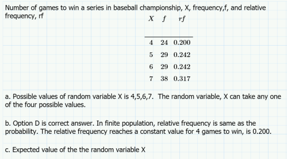 Number of games to win a series in baseball championship, X, frequency,f, and relative frequency, rf X f rf 4 24 0.200 5 29 0