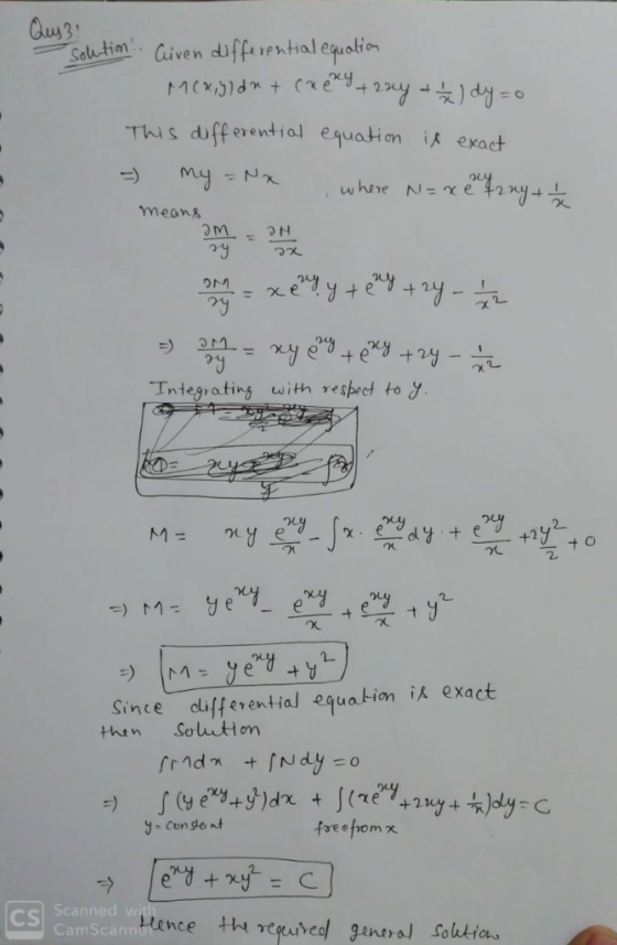 This duff erential equation i exact つmys ouu , w here meon& っy X乙 Tntegrating with res ect to y ey nuy Since differentia/equ