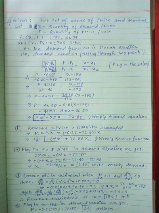 Two set of values Gf Pouice amd demand Given nantity of demand /week PE Ruantity of Pice /unit. Let (, P) = (133, 46. 29 and