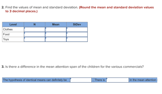 2. Find the values of mean and standard deviation. (Round the mean and standard deviation values to 3 decimal places.) Level