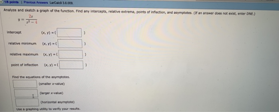 O 1/8 points Previous Answers LarCalc9 3.6.009. Analyze and sketch a graph of the function. Find any intercepts, relative ext