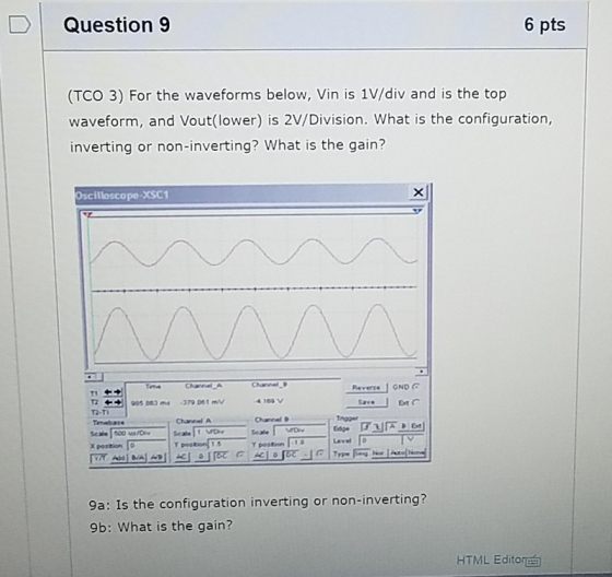 Question 9 6 pts (TCO 3) For the waveforms below, Vin is 1V/div and is the top waveform, and Vout(lower) is 2V/Division. What