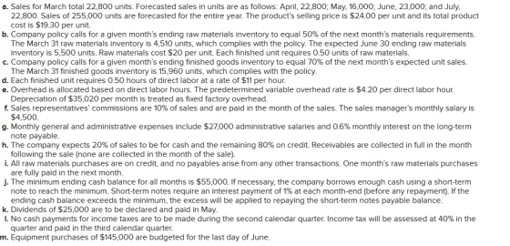 a. Sales for March total 22,800 units. Forecasted sales in units are as follows: April, 22,800; May, 16,000; June, 23,000; an