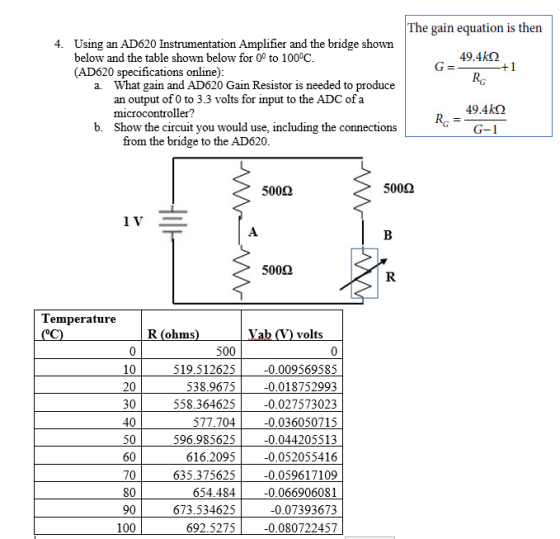 The gain equation is then Using an AD620 Instrumentation Amplifier and the bridge shown below and the table shown below for 0
