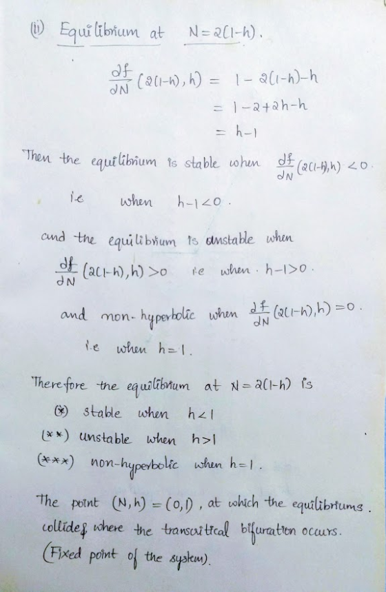 Equi libum at Ne 2ti-h). 1-2+h-h Then the qurium to stabe uoh (0 ie when h10 cnd the equilbium ts awstable shn te when h- d N