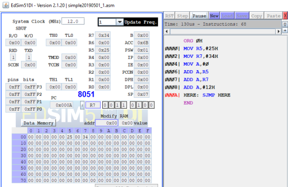 EdSim51DI- Version 2.1.20 | simple20190501_1.asnm RST Step Pause New Copy Paste System Clock (MHz)12.0 Time: 130us-Instructio