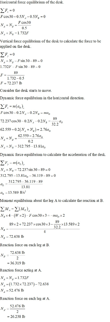 Horizontal forcc cquilibrium of the desk Fcos30-0.5N -0.5N 0 NNFcos30 N4+N 1.732F Vertical force equilibrium of the desk to c