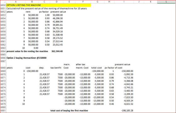 6850 OPTION 1 RETING THE MACHINE 6851 Calculatinof the present value of the renting of themachine for 10 years 6852 years 685