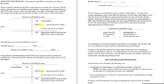 DEMONSTRATION PROBLEM-Estimating Uncoectible Accounts Based on Aging of Receivables Bad Debt Expense Account Receivable When