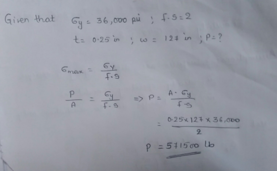 G36,000 pi f.s:2 te 0-25 in o:124 in P- ? Given that Gmar A-Gy A F-S 0-25x12+ x 36,000 P =5415 oo b