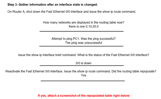 Step 3: Gather information after an interface state is changed. On Router A, shut down the Fast Ethernet 0/0 interface and is