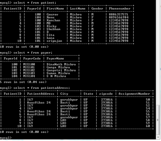 i mysql> select * from patient; PatientID PayerId i FirstName LastNameGender Phonenumber 100 Gaurau 104 Renu 100 Kancharn 100