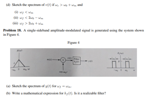 d) Sketch the spectrum of v(t) if we wowm and (i) w <Wm ii) w2uo- i) w2wo wm Problem 18. A single-sideband amplitude-modulate