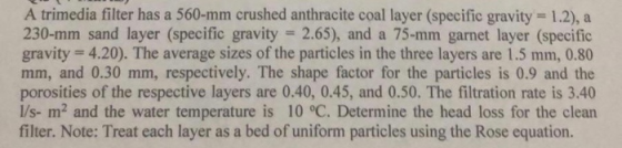 A trimedia filter has a 560-mm crushed anthracite coal layer (specific gravity 1.2), a 230-mm sand layer (specific gravity -2
