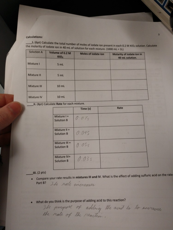 Calculations: . (6pt) Calculate the total number of moles of iodate ion present in each 0.2 M KIOs solution the molarity of i