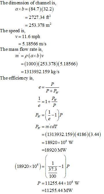 The dimension of channel is, axb-(84.7) (32.2) 2727.34 ft 253.378 m2 The speed is, v 11.6 mph - 5.18566 m/s The mass flow rat