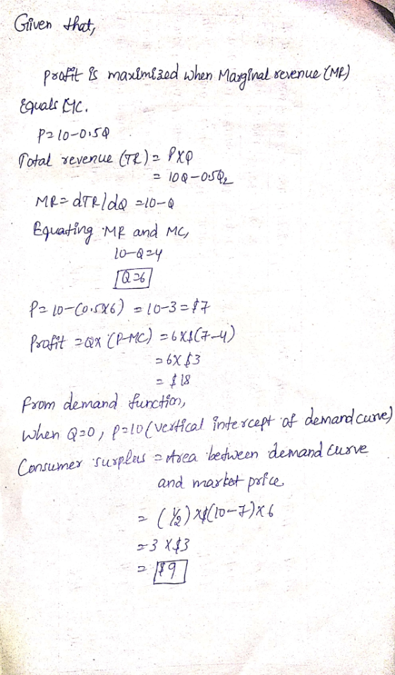 Given Hat, Toral evenue ) Pxp Equating ME and Mc, psom demand urco when Qo, P-toveiHal inte rcapt of demard cune) Contwmex ux