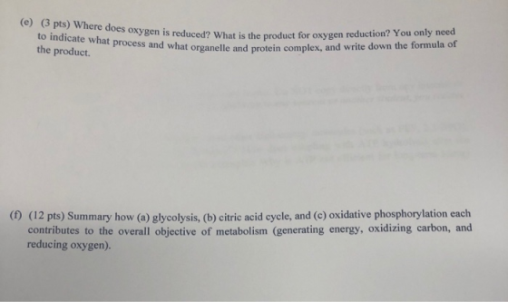 (e) (3 pts) Where d oes oxygen is reduced? What is the product for oxygen reduction? You only need enoess and what organelle