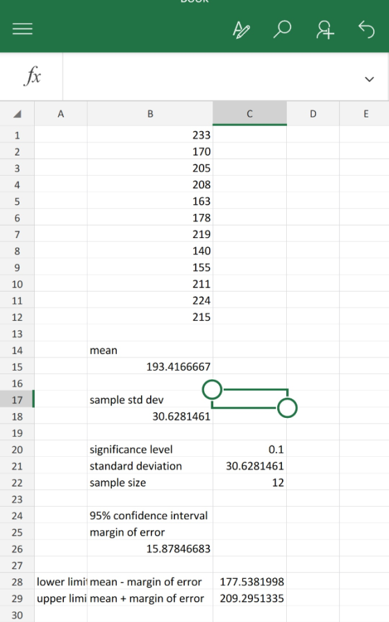 233 170 205 208 163 178 219 140 155 211 224 215 4 6 10 12 13 14 15 16 17 18 19 20 21 mean 193.4166667 sample std dev 30.62814