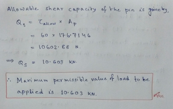 shear capacity of Fhe pin is Alowable AP Tauow X 60 0602. 88 N 10.603 KN. per missible value o load to be Maxi Mum applied is