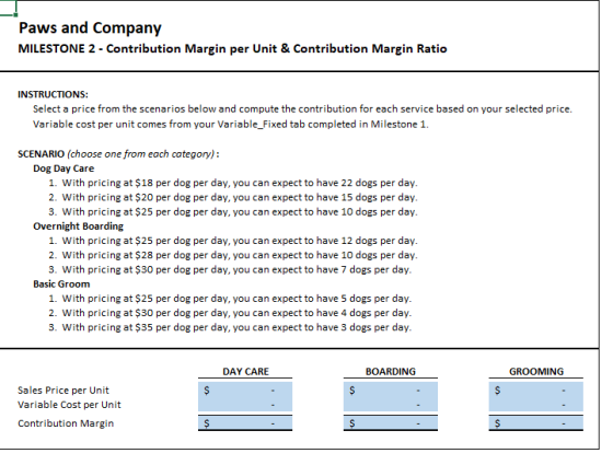 Paws and Company MILESTONE 2 Contribution Margin per Unit & Contribution Margin Ratio INSTRUCTIONS: Select a price from the s