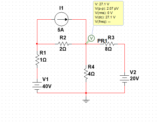V: 27.1 V V(PP): 2.07 pv V(rms): 0Vv V(dc): 27.1V V(freq): 5A R2 R3 PR1 R1 2Ω 1Ω 8Ω l R4 V2 4Ω V1 20V -40V
