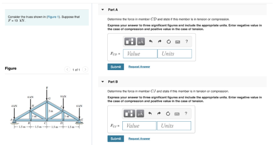 PartA Consider the truss shown in (Figure 1). Suppose that F 13 kN Determine the force in member CD and state if this member