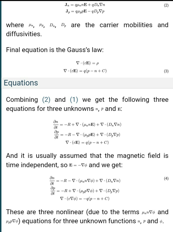 where μ», μ, D», Dp are the carrier mobilities and diffusivities. Final equation is the Gausss law: Equations Combining (2)