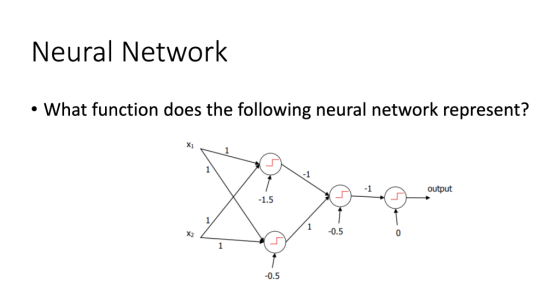 Neural Network What function does the following neural network represent? X1 output -1 -1.5 1 -0.5 X7 1 -0.5