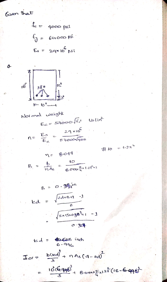 Given that Es = 29x lo st Noimal weight Ec- Stoo0lr. 2a 6.044 nAs o.3in 2drB+1 - 1 d acos inch